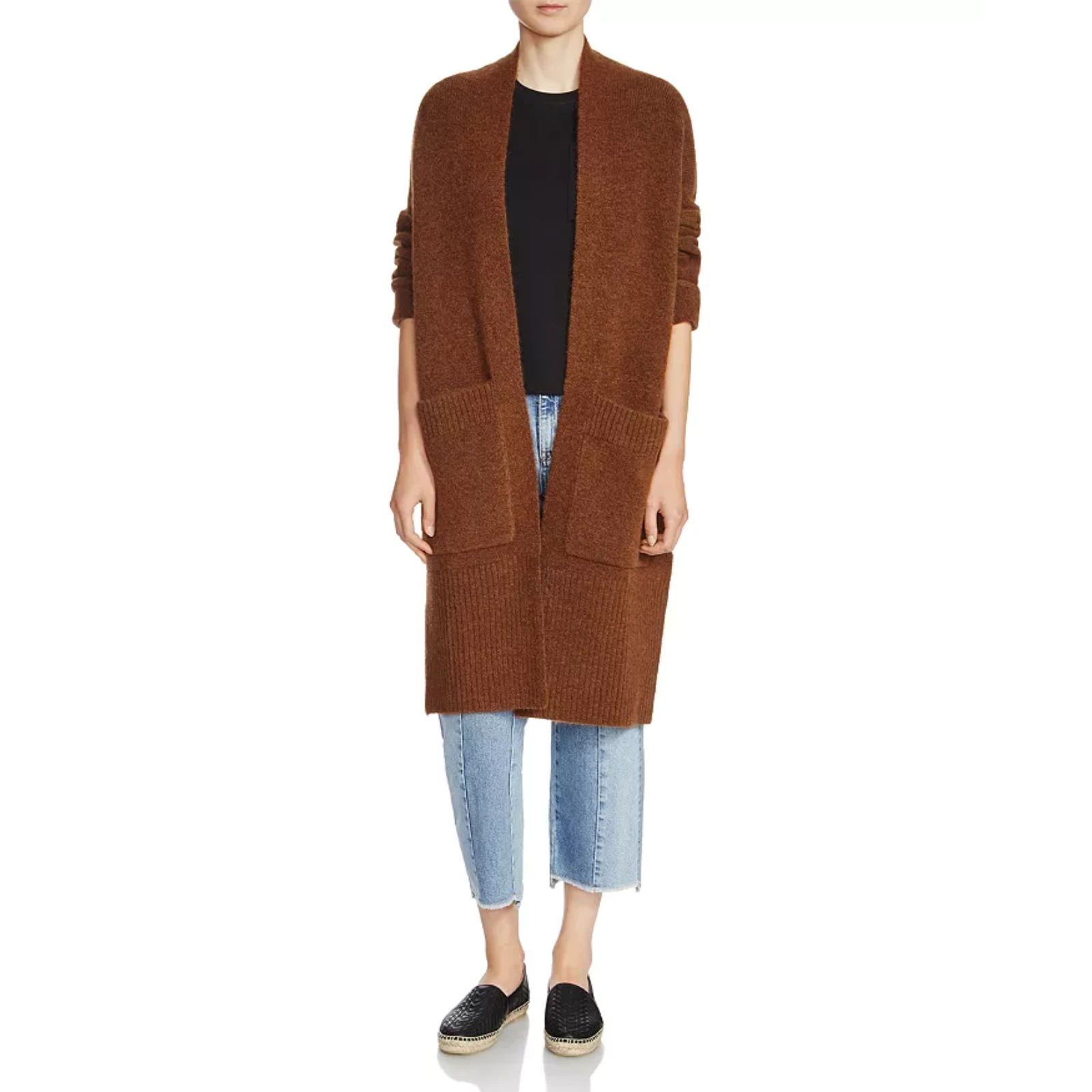 Maje Womens Sweater Medium Brown Cardigan Open Front Oversized Pocket Wool Blend